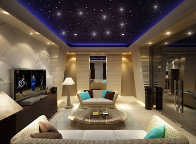 Дизайн гостиной с темно-синим потолком со звездами
