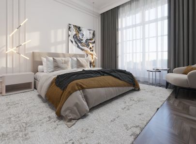 Дизайн светлой спальни с серыми шторами