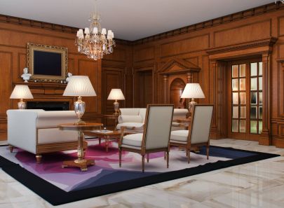 Белая мягкая мебель в коричневом интерьере гостиной