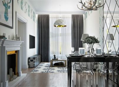 Серый, белый и бледно-голубой цвет в дизайне гостиной