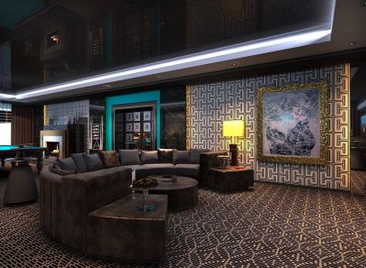 Выразительный интерьер кинозала с коричневым большим диваном