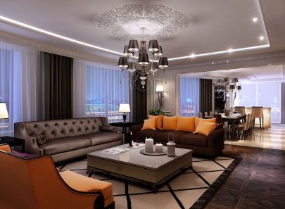 Мебель коричневых тонов в строгом дизайне гостиной