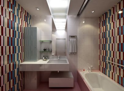 Интерьер светлой ванной с яркими потолочными панелями подсветки