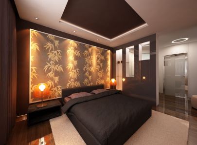 Коричнево-золотистое панно с подсветкой в оформлении спальни