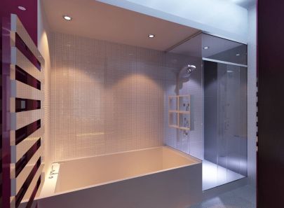 Дизайн небольшой ванной с мозаикой и потолочной подсветкой