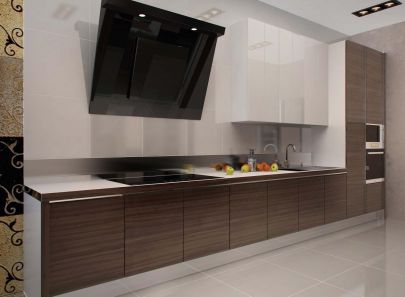 Мебель с белой рабочей поверхностью и коричневыми фасадами в интерьере кухни