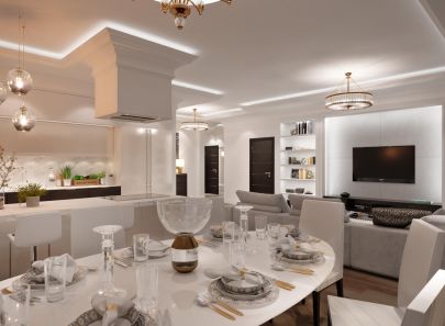 Дизайн-проект кухни  и гостиной с подсветкой потолка