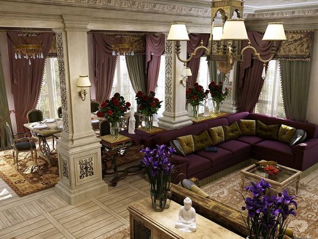 Фиолетовый и нежно зеленый цвет в интерьере загородного дома