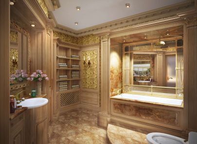 Сочетание беж и золота в нежном дизайне ванной
