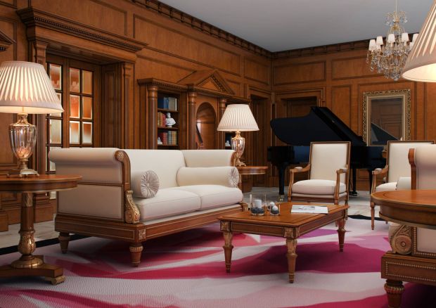 Розовый ковер в сочетании с коричневой мебелью