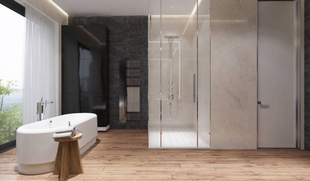 Модный интерьер ванной с большим окном