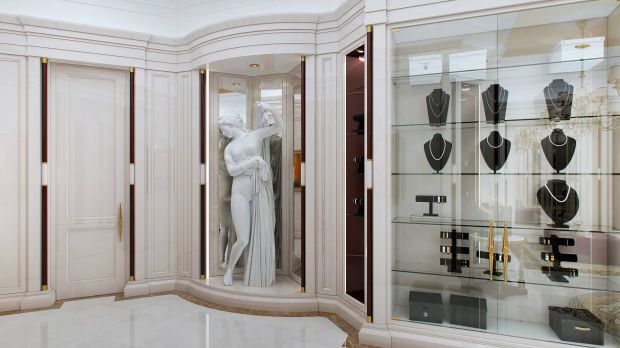 Строгий дизайн гардеробной с украшениями