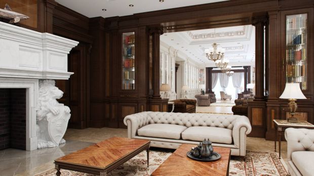 Строгая гостиная с камином