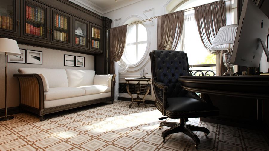 Классический интерьер кабинета с круглым окном