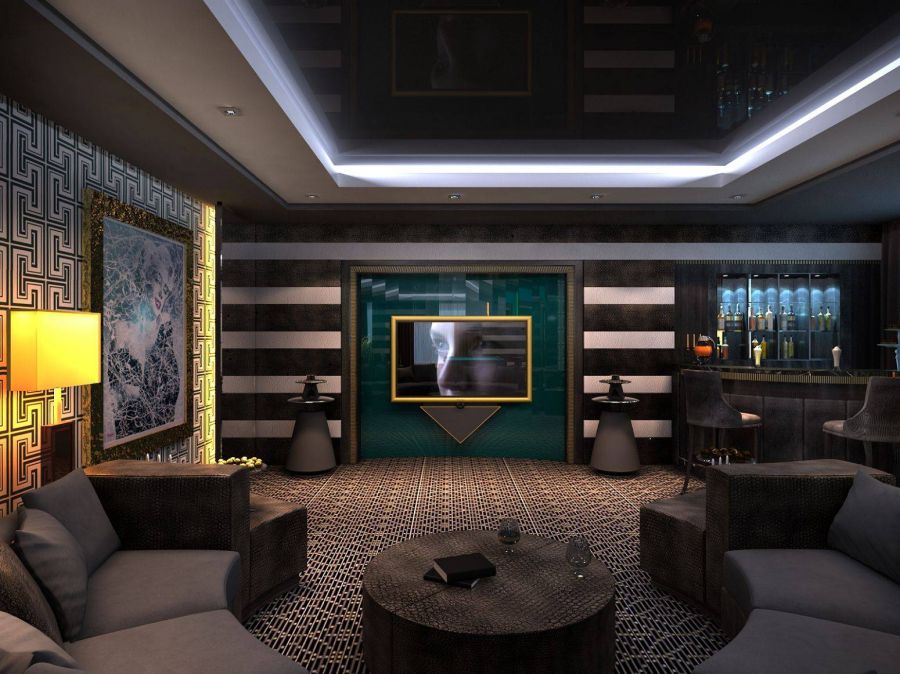 Яркие желтые светильники в темном интерьере кинозала