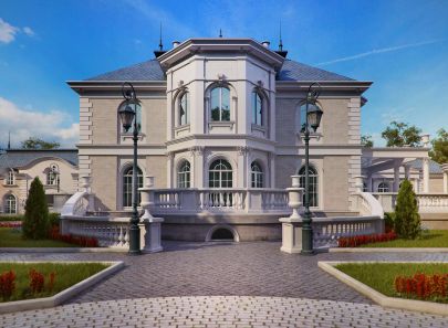 Светло-серый кирпич во внутреннем фасаде дома с эркером и террасой