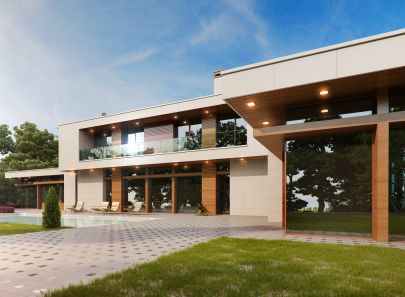 Кремовая отделка и светлое дерево в фасаде особняка с балконом