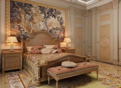 Гобелен в золотистой раме в интерьере классической спальни