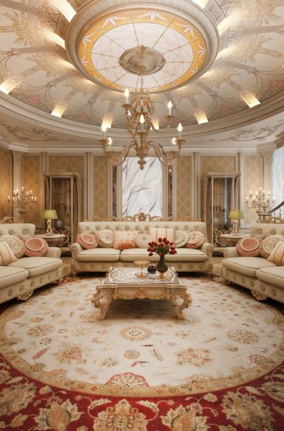 Дизайн классической гостиной с бежевой диванной группой