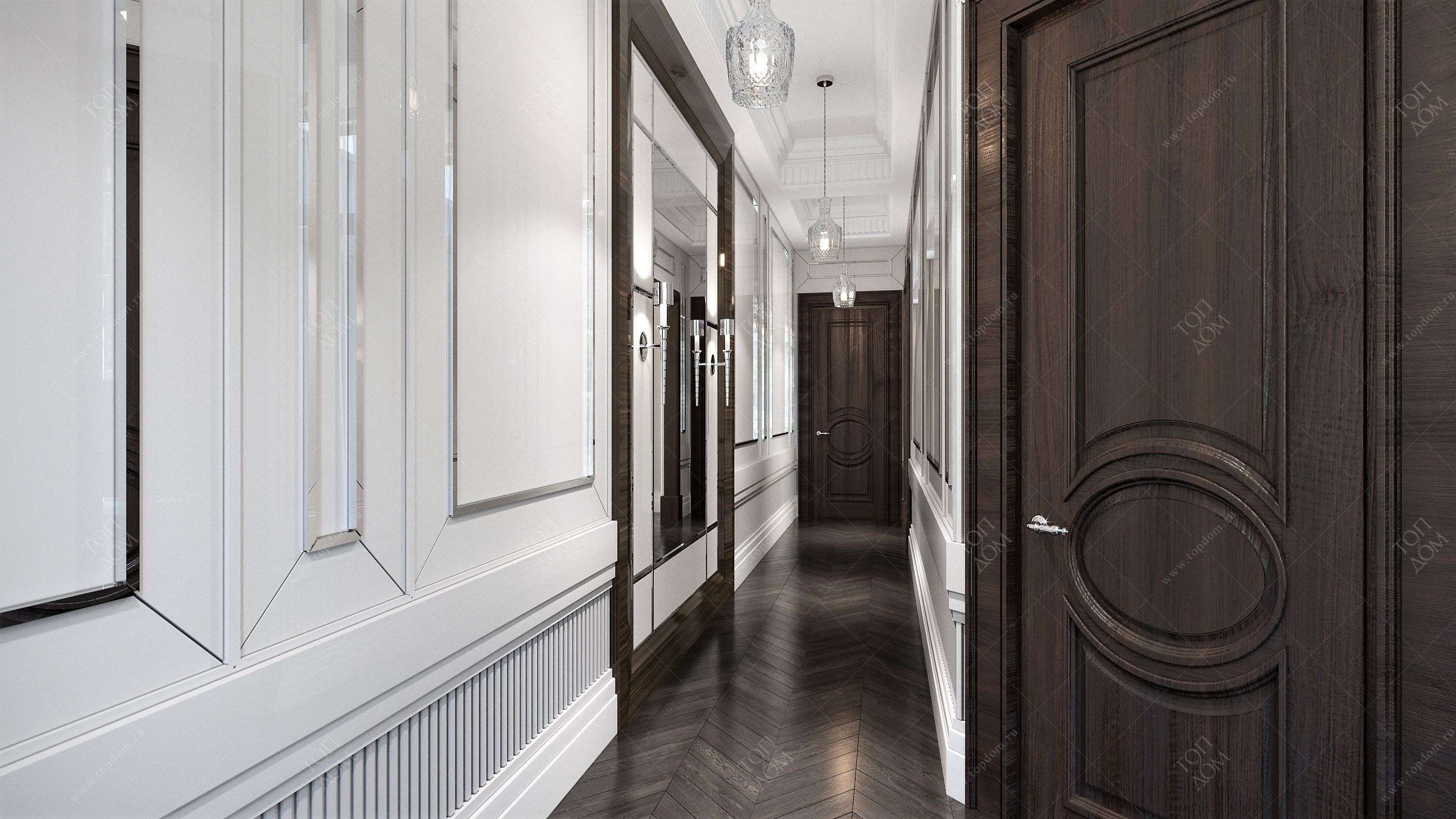  коридор с зеркалами и темно-коричневыми резными дверями