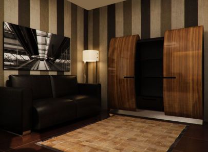 Черно-белая фотография на стене в интерьере кабинета