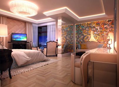 Фото просторной спальни при свете