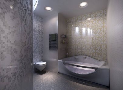 Дизайн ванной комнаты с серой и золотистой мозаикой