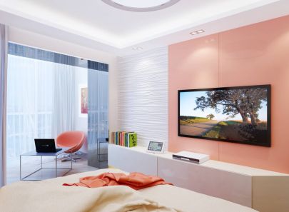 Фото оформления спальни – белый и оранжевый цвета