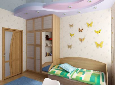 Фигурный сиренево-розовый потолок в дизайне детской
