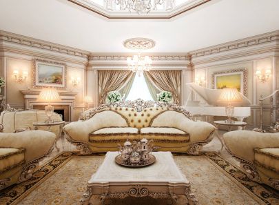 Классический интерьер гостиной в светлом тоне с пианино