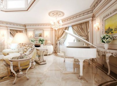 Дизайн большой гостиной с пианино