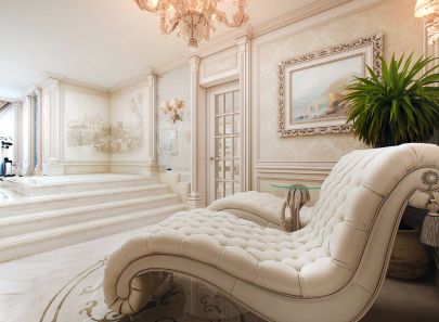 Интерьер ванной комнаты с кожаными шезлонгами