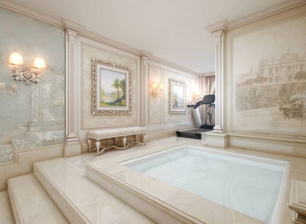 Большая квадратная ванная в интерьере