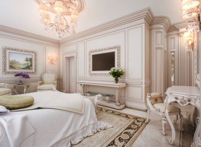 Белый цвет в дорогом дизайне интерьера спальни