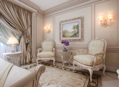 Интерьер спальни с классическими креслами и туалетным столиком