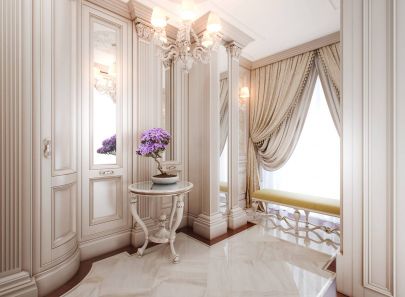 Интерьер гардеробной с мраморными полами