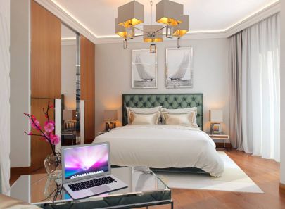 Дизайн спальни с красивой люстрой и подстветкой