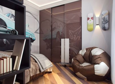 Дизайн детской подростка с глянцевым шкафом шоколадного цвета