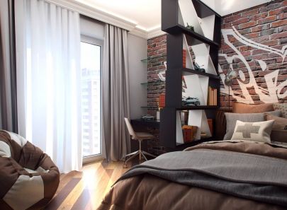 Удобная перегородка в виде стеллажа между столом и кроватью в детской