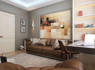 Оформление компактной детской комнаты мальчика с диваном