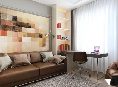 Интерьер детской с абстрактным цветным панно над диваном