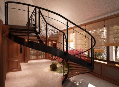 Черно-коричневая изогнутая лестница в оформлении двухуровневой квартиры