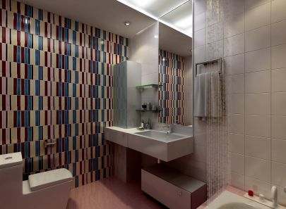 Яркие стены из плитки бежевых, коричневых и голубых оттенков в дизайне ванной