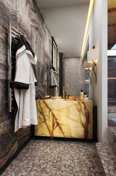 Каменная тумба-раковина в интерьере ванной