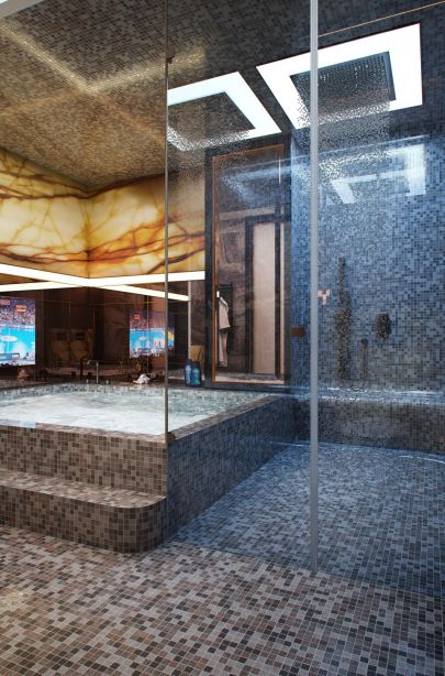 Мозаичные стены в дизайне душевой и квадратной ванной 