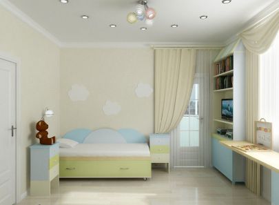 Дизайн детской комнаты с пышными кремовыми шторами