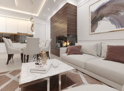 Белый мраморный стол в дизайне светлой гостиной