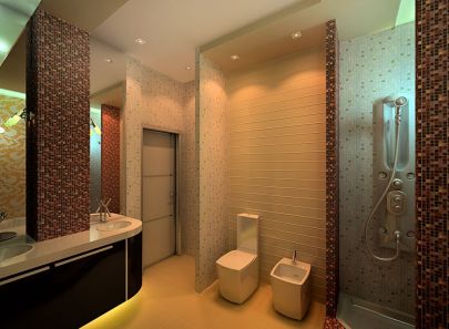 Дизайн ванной в бежево-коричневых тонах с мелкой мозаикой