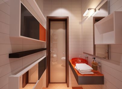 Яркие оранжевые вставки в оформлении белоснежной ванной