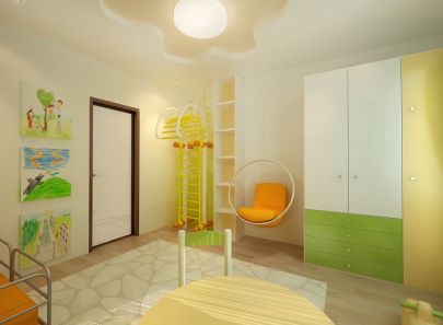 Мебель в желто-зеленых тонах в оформлении светлой детской